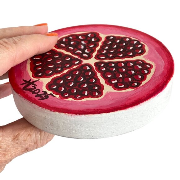 Fancy Fruit Pomegranate Original Acrylic Painting on Wood Round 4in Desk or Wall - Picture 2 of 6